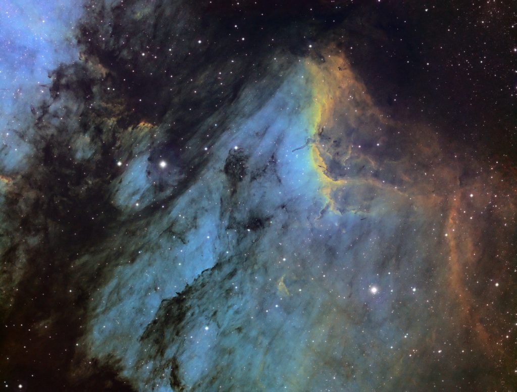 Pelican nebula imaged with narrowband filters and mapped to false colors