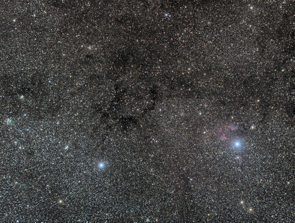 Mid east Cassiopeia part with many dark clouds, star clusters and nebulae. Imaged in Zatom astroparty