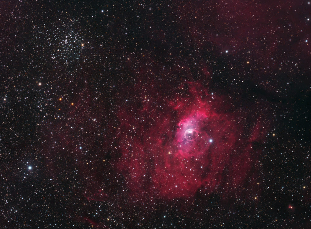 NGC7635 Bubble nebula with M52 open cluster. Ha, OIII and RGB composite.