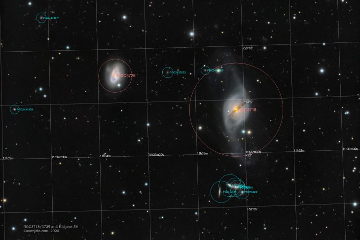 NGC3718/3729 pair and Hickson 56 - annotated